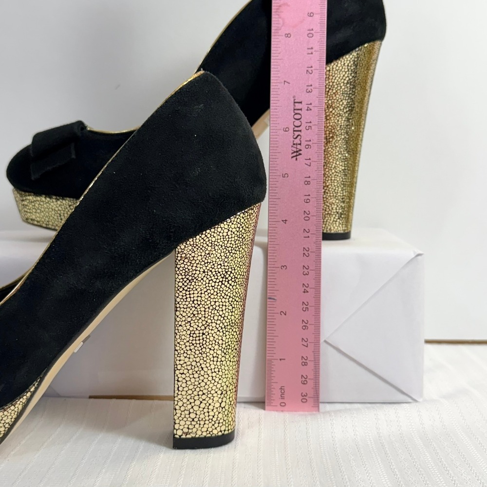 Menbur Womens Heels 40 Suede Peep Toe Platform Bow Gold Block Heel Black - Picture 4 of 7